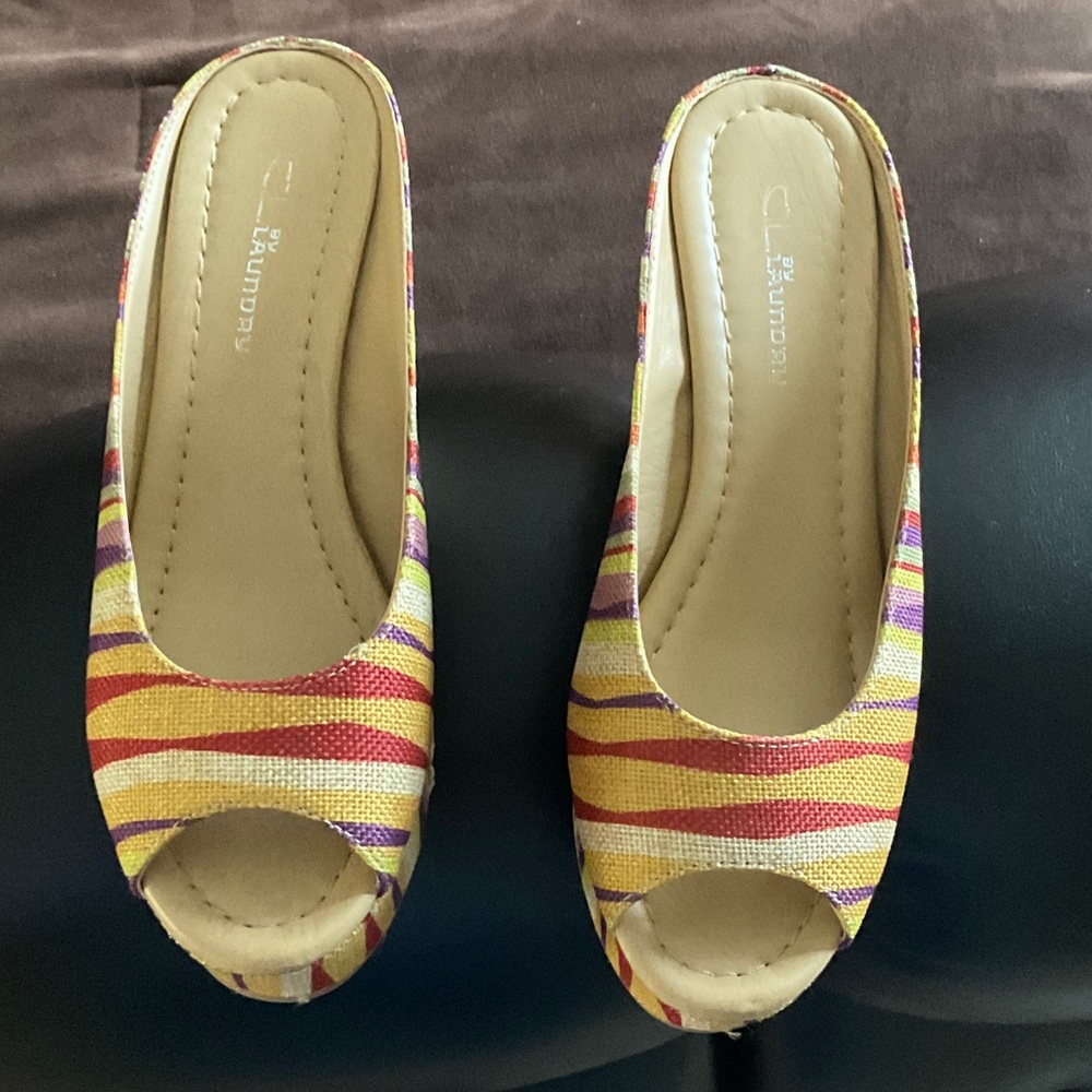 CL by Laundry Yellow, Red and Purple Striped Peep-Toe Wedges